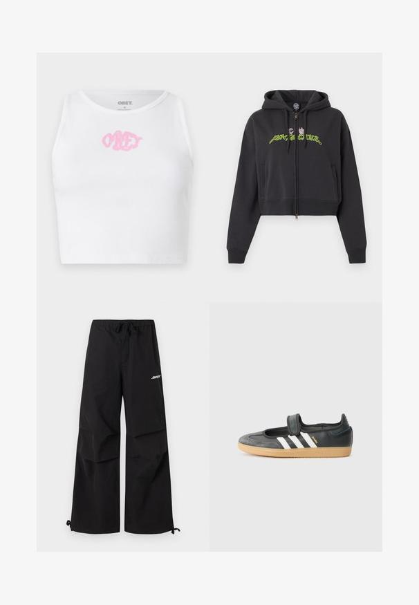 Sudadera negra corta con cremallera, capucha, mangas largas, bolsillos laterales y diseño de texto abstracto en neón verde y rosa en el pecho.; Top corto blanco de canalé con un logo rosa de "OBEY" en el centro. Diseñado con un escote redondo y sin mangas.; Pantalones negros de pierna ancha con cinturilla elástica, cordones ajustables en los bajos y logo blanco en la parte superior del muslo.; Zapatilla de deporte de cuero negro y ante con una correa de Velcro, que presenta tres rayas blancas y una suela de goma, etiquetada "SAMBA" en el lateral.