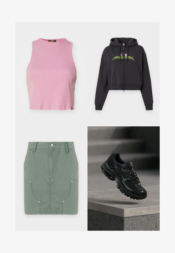 Sudadera negra corta con cremallera, capucha, mangas largas, bolsillos laterales y diseño de texto abstracto en neón verde y rosa en el pecho.; Top corto de canalé rosa con cuello redondo y diseño sin mangas. Presenta un dobladillo que termina justo por encima de la cintura.; Falda de algodón verde con un diseño ajustado, que cuenta con bolsillos frontales, textura suave y acentos de metal en los bolsillos.; Zapatilla de running negra de Nike con parte superior de malla y sintética flotando sobre una superficie de hormigón y escalones de fondo.