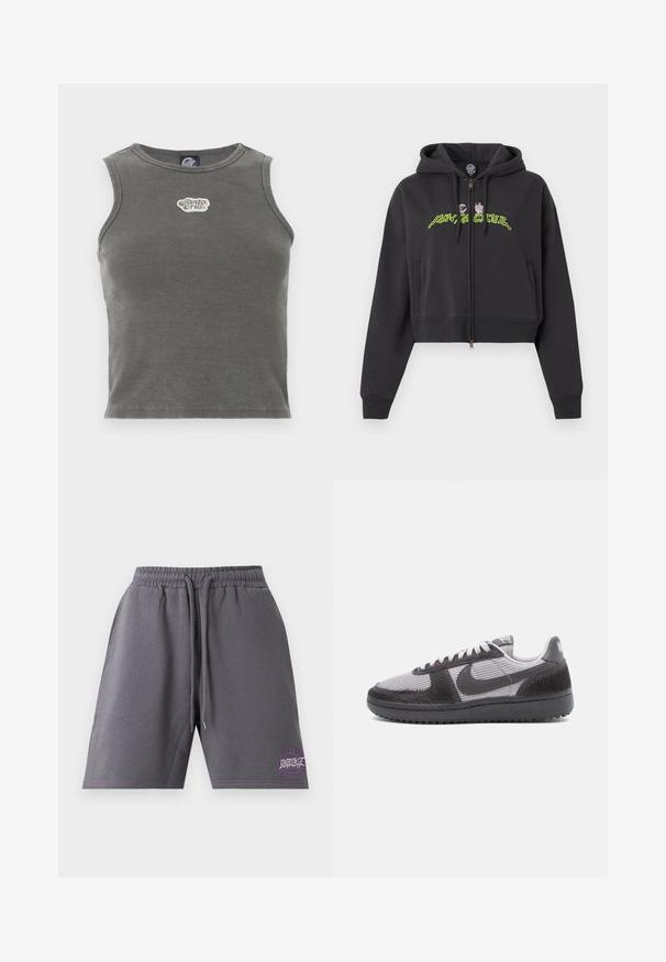 Sweat à capuche noir court zippé avec capuche, manches longues, poches latérales, et motif de texte abstrait en vert néon et rose sur la poitrine.; Haut court gris côtelé sans manches avec encolure ronde et patch logo blanc "Santa Cruz" centré sur la poitrine.; Shorts décontractés gris foncé avec taille élastique et cordons, avec un petit motif violet sur la partie inférieure de la jambe gauche.; Baskets basses en tissu mesh gris, avec des superpositions texturées noires, une semelle noire, des lacets blancs et un logo Nike noir sur le côté.
