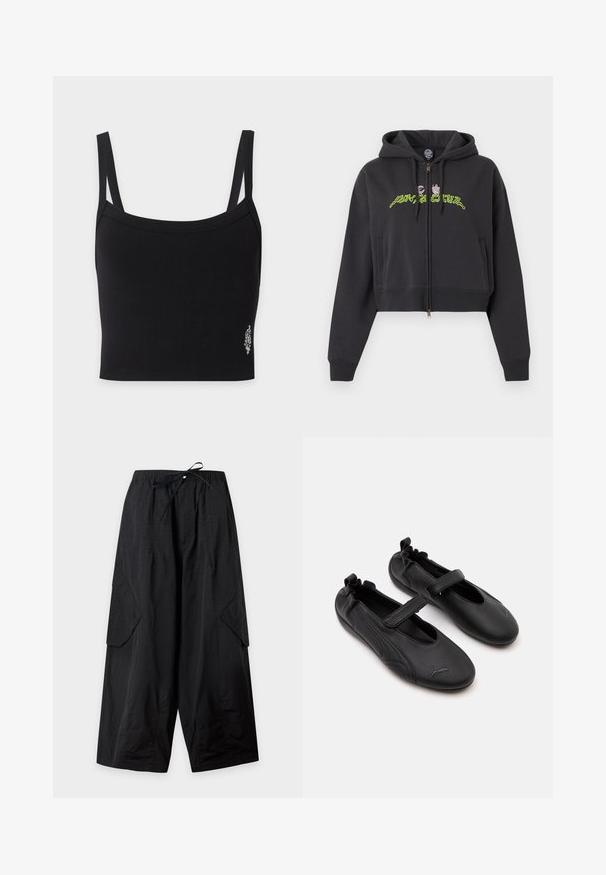 Sweat à capuche noir court zippé avec capuche, manches longues, poches latérales, et motif de texte abstrait en vert néon et rose sur la poitrine.; Débardeur court noir côtelé avec de fines bretelles et un petit motif floral blanc près du bas à droite.; Pantalon cargo noir à jambes larges, taille élastique, cordon de serrage à l'avant et grandes poches latérales à rabat, placé à plat sur un fond uni.; Paire de chaussures en cuir noir style Mary Jane avec arrière élastiqué et bride velcro, avec un logo Puma discret sur chaque orteil.