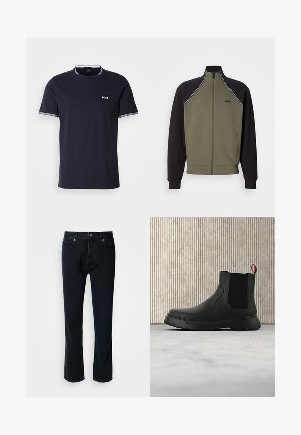 Chaqueta con cremallera en verde oliva y negro, con cuello alto, bolsillos laterales y ribete blanco a lo largo de los hombros. Textura suave.; Camiseta de algodón azul marino con cuello redondo, que presenta acentos de rayas blancas en el cuello y las mangas, y un pequeño logo blanco en el pecho.; HUGO JONAH - Vaqueros rectos - dark blue; Botín negro con un acabado liso, paneles laterales elásticos y una lengüeta de tirón roja contrastante, que presenta una suela de goma gruesa y punta redondeada.