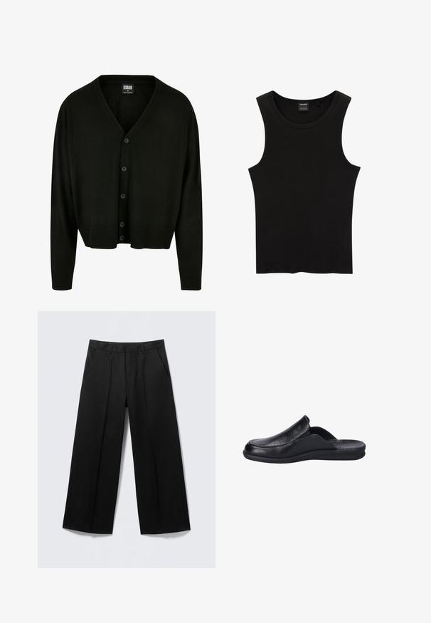 Zwarte cardigan van zachte stof, met een v-hals, knoopsluiting en geribde manchetten en zoom voor een relaxte pasvorm.; Zwarte geribbelde tanktop met een ronde halslijn en wijde armsgaten, gemaakt van een zachte, rekbare stof. Label: Pull&Bear.; Zwarte broek met brede pijpen, voorzien van lussen voor een ceintuur, steekzakken aan de voorkant en een ritssluiting, getoond op een lichtgrijze achtergrond.; Zwarte instaplaars van leer met een gladde textuur, voorzien van een ronde neus en een flexibele rubberen zool. Minimalistisch ontwerp zonder metalen onderdelen.