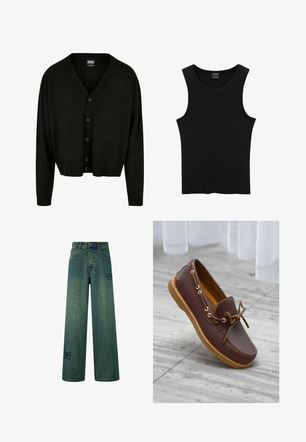 Zwarte cardigan van zachte stof, met een v-hals, knoopsluiting en geribde manchetten en zoom voor een relaxte pasvorm.; Zwarte geribbelde tanktop met een ronde halslijn en wijde armsgaten, gemaakt van een zachte, rekbare stof. Label: Pull&Bear.; Brede jeans in donkerblauwe denim met een subtiele vervaagde textuur. Bevat achterzakken en een decoratieve logo-detail.; Bruine leren bootschoen met gouden oogjes, een vetersluiting aan de voorkant en een tan kleurige rubberen zool. Gestructureerd oppervlak en logo aan de zijkant.