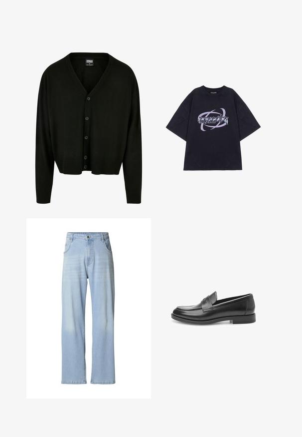 Schwarzer Cardigan aus weichem Stoff, mit V-Ausschnitt, Knopfverschluss sowie gerippten Bündchen und Saum für eine lässige Passform.; Schwarzes, übergroßes T-Shirt aus Baumwolle mit einem grafischen Druck, der den Text "Pegador Most Alive" und wirbelnde Akzente in Lila und Silber zeigt.; Hellblaue Jeans aus Denim mit geradem Bein, dezent ausgewaschen, fünf Taschen und einem Metallknopfverschluss am Bund.; Schwarze Lederloafer mit glatter Oberfläche, runder Zehenpartie und dekorativem Riemen über der Vorderseite. Flache Gummisohle, klassisches Design.