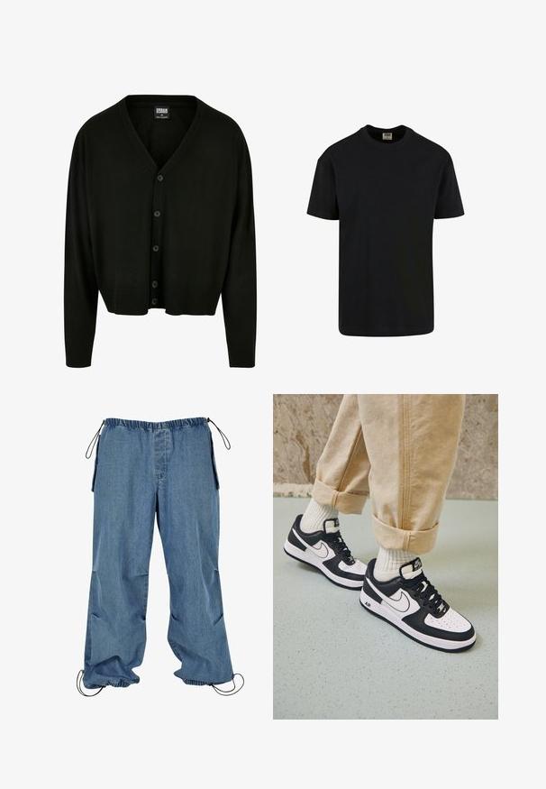Cárdigan negro hecho de una tela suave, con escote en V, cierre de botones y puños y dobladillo acanalados para un ajuste cómodo.; Urban Classics SHORTSLEEVE - Camiseta básica - black; Pantalones de mezclilla azul claro con cintura elástica, puños con cordón y bolsillos laterales. La tela parece suave con una textura ligeramente descolorida.; Zapatillas Nike Air Force 1 en blanco y negro con parte superior de cuero, puntera perforada y detalle de suela texturizada, combinadas con pantalones beiges remangados y calcetines blancos.