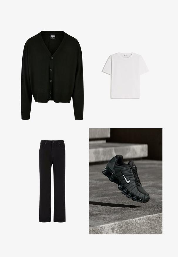 Zwarte cardigan van zachte stof, met een v-hals, knoopsluiting en geribde manchetten en zoom voor een relaxte pasvorm.; Wit katoenen T-shirt met een ronde hals en korte mouwen. Heeft een klassieke, rechte pasvorm zonder zichtbare patronen of accenten.; Zwarte denim broek met een recht model, voorzien van een knoopsluiting, riemlussen en voorzakken. Gladde textuur en uniforme kleur.; Nike hardloopschoen in donkergroen, met een gladde synthetische bovenkant, een mesh textuur, zwarte veters en een glanzende zool met luchtkussens.