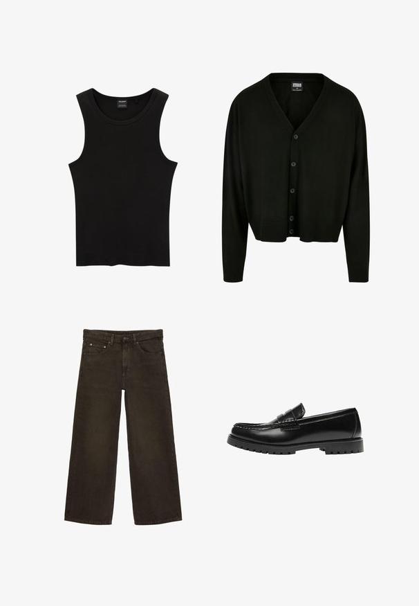 Schwarzer Cardigan aus weichem Stoff, mit V-Ausschnitt, Knopfverschluss sowie gerippten Bündchen und Saum für eine lässige Passform.; Schwarzes, geripptes Tanktop mit rundem Halsausschnitt und weiten Armausschnitten, aus einem weichen, dehnbaren Stoff. Marke: Pull&Bear.; Braune Jeans mit weitem Bein, vorne mit Taschen, Gürtelschlaufen, Knopf- und Reißverschluss.; Schwarzer Leder-Slipper mit dicker Gummisohle und klassischem Penny-Detail an der Riemen, von der Außenseite gezeigt.