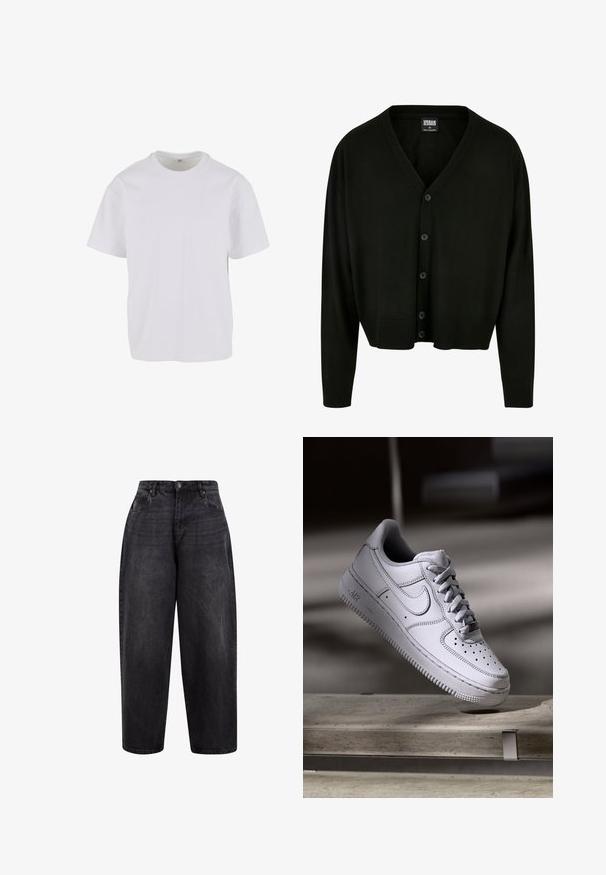 Sort cardigan lavet af blødt stof, med v-udskæring, knappelukning og ribstrikkede manchetter og kant for en afslappet pasform.; Hvid T-shirt med korteærmer lavet af blødt bomuld, med rund halsudskæring og en afslappet pasform med lige kant. Ingen mønstre eller detaljer synlige.; Sorte denim brede bukser med høj talje, der har en knaplukning, frontlommer og en let vaskefinish for et afslappet look.; Hvid læder Nike Air Force 1 sneaker med perforeret tå, flade snørebånd og tekstureret gummisål med "AIR" branding på siden.