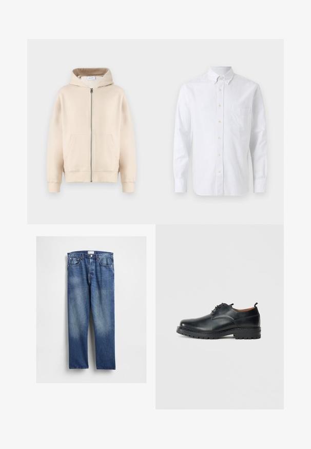 Beige Kapuzenpullover mit durchgehendem Reißverschluss, zwei vorderen Taschen, gerippten Bündchen und Saum. Hergestellt aus weichem, bequemem Stoff.; Weißes langärmeliges Hemd mit Knopfleiste, Button-Down-Kragen und einer Brusttasche, auf einfarbigem Hintergrund dargestellt.; Blaue Denim-Jeans mit geradem Bein, vorne ausgeblichen, klassischem Fünf-Taschen-Design und Metallnieten an den Taschen.; Schwarze Leder Derby-Schuhe mit glatter Textur, runder Zehenform, Schnürdesign und einer dicken, robusten Gummisohle.