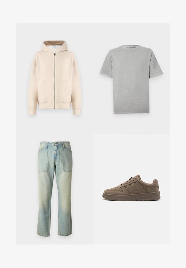 Beige hoodie met een volledige rits, twee voorzakken, ribgebreide manchetten en onderkant. Gemaakt van zachte, comfortabele stof.; Effen lichtgrijs T-shirt met korte mouwen en ronde hals, rechte zoom, weergegeven tegen een witte achtergrond.; Lichtblauwe denim jeans met een rechte pijp, zichtbare stiksels en twee grote voorkruiden. De stof heeft een vervaagd uiterlijk.; Call it Spring FRESHH - Sneakers laag - other grey