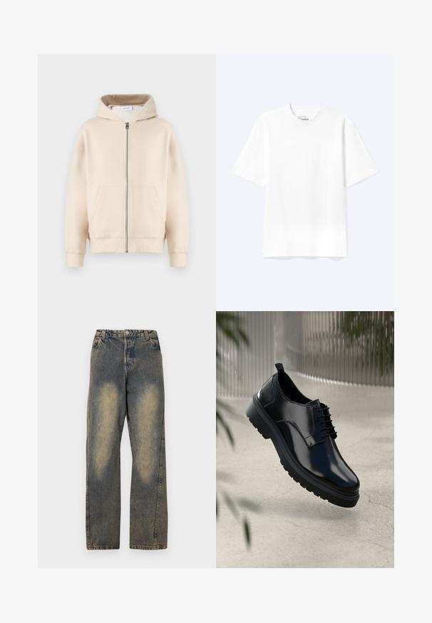 Beige hoodie met een volledige rits, twee voorzakken, ribgebreide manchetten en onderkant. Gemaakt van zachte, comfortabele stof.; Effen witte T-shirt met korte mouwen en ronde hals, met een losse pasvorm, weergegeven op een lichte achtergrond.; Lichtblauwe denim jeans met een losse pasvorm,rechte pijpen, vervaagde plekken en een klassieke knoopsluiting in de taille.; Zwarte leren schoen met een glanzende afwerking, ronde neus, vetersluiting, contrasterende stiksels en een dikke rubberen zool met profielpatronen.