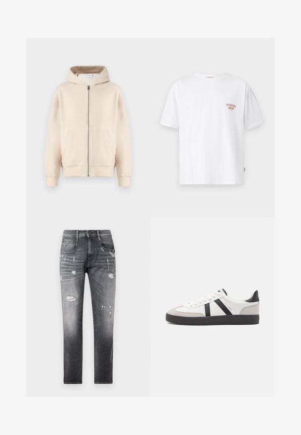 Beige hætte sweatshirt med fuld lynlås, to forlommer, ribbede manchetter og kant. Fremstillet af blødt, komfortabelt stof.; Hvid bomulds T-shirt med korte ærmer og rund hals, med en lille rød tekstgrafik på venstre brystområde.; Falmede sorte denimjeans med slidte lapper. Har fem lommer, en knaplukning og en lige ben-design.; Hvide sneakers med sorte og grå detaljer, med en tekstureret grå tåhætte, sort gummisål og flade hvide snørebånd. Rent design, minimalistisk stil.