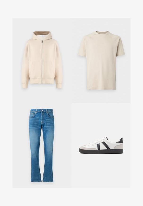 Beige Kapuzenpullover mit durchgehendem Reißverschluss, zwei vorderen Taschen, gerippten Bündchen und Saum. Hergestellt aus weichem, bequemem Stoff.; Beiges Kurzarm-T-Shirt mit Rundhalsausschnitt und Raglanärmeln, schlicht und aus glattem Stoff gefertigt.; Blaue Denim- Schlagjeans mit normaler Taille, zwei Fronttaschen und leichter Abnutzung. Der Stoff hat eine weiche Textur und traditionelle Nähte.; Weiße Sneaker mit schwarz- und grau-aczenten, ausgestattet mit einer strukturierten grauen Zehenkappe, schwarzer Gummi-Sohle und flachen weißen Schnürsenkeln. Sauberes Design, minimalistische Stil.