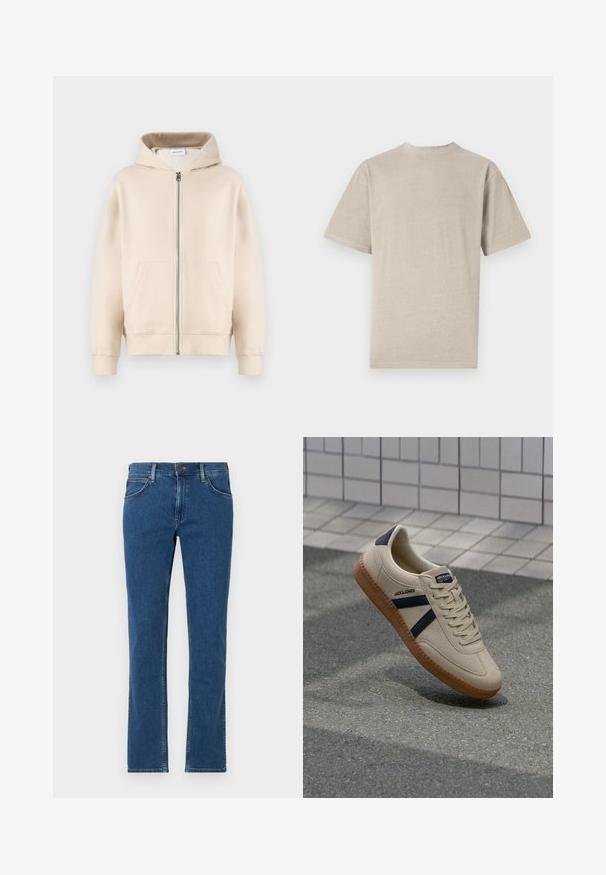 Beige Kapuzenpullover mit durchgehendem Reißverschluss, zwei vorderen Taschen, gerippten Bündchen und Saum. Hergestellt aus weichem, bequemem Stoff.; Kurzarm-T-Shirt in hellem Beige mit Rundhalsausschnitt, aus weichem Stoff gefertigt, mit glatter Textur und schlichtem Design ohne Grafiken.; Blaue Straight-Leg-Denim-Jeans mit vorderer Knopf- und Reißverschluss, Gürtelschlaufen und Fünf-Taschen-Design auf weißem Hintergrund.; Beige Sneaker mit strukturierter Oberfläche, dunkelblauen Streifen und Gummisohle. Verfügt über eine gepolsterte Zunge und ein traditionelles Schnürsystem für einen sicheren Sitz.