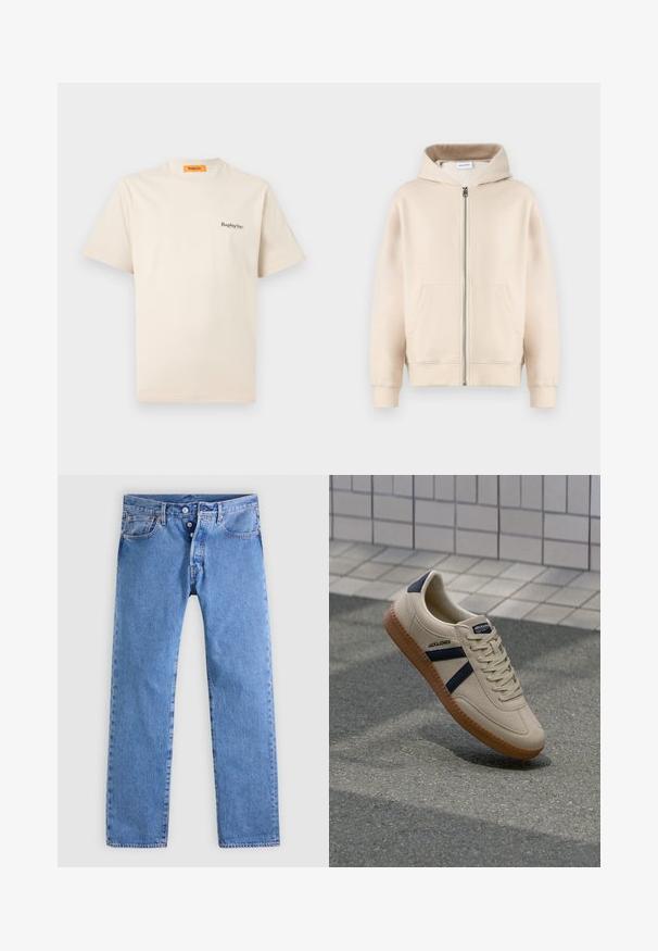 Bežová mikina s kapucňou, ktorá má plný zips, dve predné vrecká, rebrované manžety a lem. Vyrobená z mäkkej a pohodlnej tkaniny.; Replay Inc. ESSENTIAL LOGO UNISEX - Základné tričko - ivory; Svetlomodré rifle z denimu s rovnými nohavicami, päť vreciek a zapínanie na dva gombíky. Charakterizované minimálnym vyblednutím a kontrastným prešívaním.; Béžové tenisky s textúrovaným povrchom, námorníckymi pruhmi a gumovou podrážkou. Obsahujú polstrovaný jazyk a tradičný šnurovací systém pre bezpečné prispôsobenie.