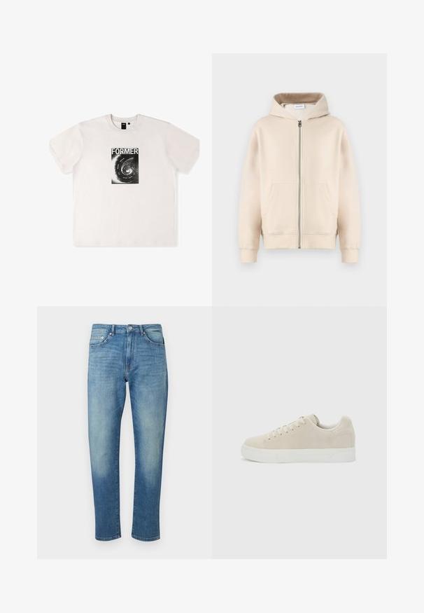 Beige hoodie met een volledige rits, twee voorzakken, ribgebreide manchetten en onderkant. Gemaakt van zachte, comfortabele stof.; Wit katoenen t-shirt met korte mouwen, voorzien van een zwart grafisch ontwerp met het woord "FORMER" en een spiraalpatroon aan de voorkant.; Blauwe spijkerbroek van denim met een slanke rechte pasvorm, vijfzakkenstijl, knoopsluiting en vervaagde details op dijen en knieën.; Beige lage sneaker met veters aan de voorkant en dikke witte rubberen zool op een effen lichtgrijze achtergrond.