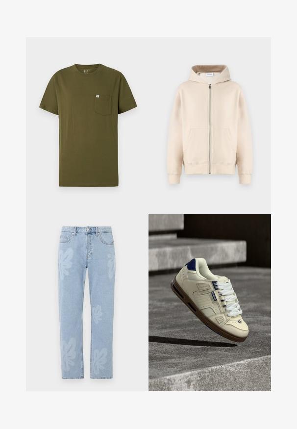 Sudadera con capucha beige, con cremallera completa, dos bolsillos frontales, puños y dobladillo de canalé. Fabricada en un tejido suave y cómodo.; Camiseta de algodón verde oliva con cuello redondo, mangas cortas y un bolsillo en el pecho izquierdo que presenta una pequeña etiqueta de la marca. Textura suave.; Jeans de mezclilla azul claro con patrones florales y corte recto. Cintura estándar con cierre de botón y cinco bolsillos.; Zapatilla deportiva crema y azul marino con suela marrón, cordones blancos y logo "Globe", suspendida sobre escalones de concreto texturizado en un entorno exterior sombreado.