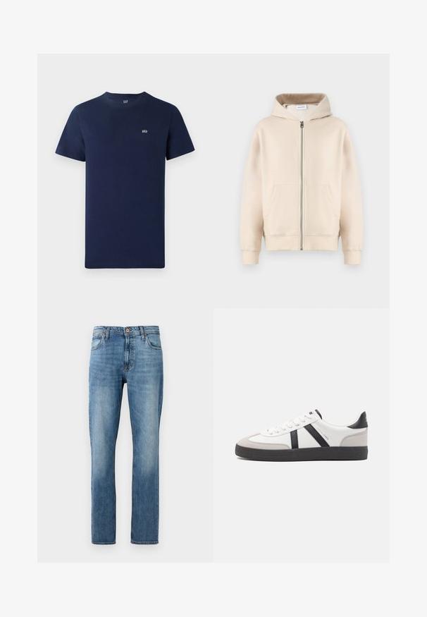 Sweat-shirt à capuche beige avec une fermeture éclair complète, deux poches avant, des poignets et un ourlet côtelés. Fabriqué en tissu doux et confortable.; T-shirt en coton bleu marine avec des manches courtes, un col rond et un petit logo brodé sur la poitrine. Design simple, texture dépouillée.; Jean en denim bleu à jambe droite avec cinq poches, fermeture par bouton et zip, présenté sur un fond blanc uni.; Baskets blanches avec des accents noirs et gris, présentant un embout texturé gris, une semelle en caoutchouc noir et des lacets plats blancs. Design épuré, style minimaliste.