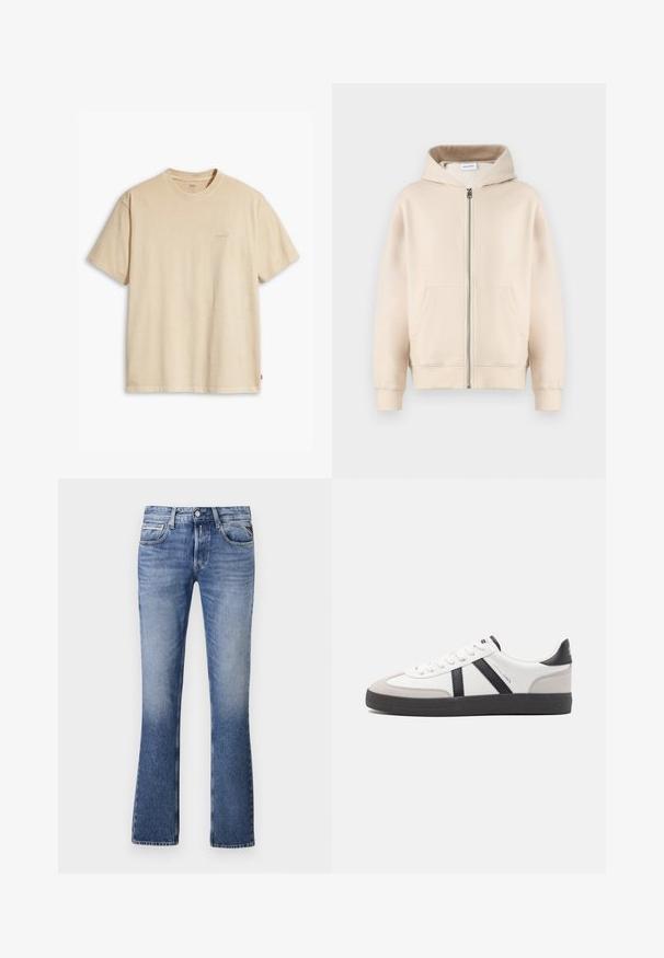 Sweat-shirt à capuche beige avec une fermeture éclair complète, deux poches avant, des poignets et un ourlet côtelés. Fabriqué en tissu doux et confortable.; T-shirt en coton beige avec un col rond et des manches courtes. Présente un logo "Levi's" subtil de la même couleur sur la poitrine. Texture douce.; Jean en denim bleu clair avec un design évasé, comportant cinq poches, une fermeture à bouton à l'avant et un léger délavage sur l'ensemble.; Baskets blanches avec des accents noirs et gris, présentant un embout texturé gris, une semelle en caoutchouc noir et des lacets plats blancs. Design épuré, style minimaliste.