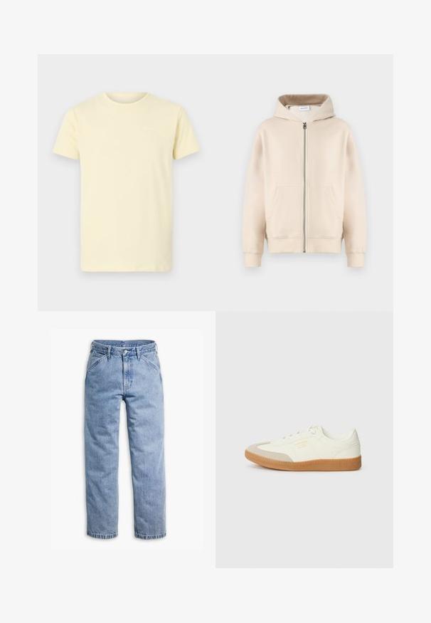 Sweat-shirt à capuche beige avec une fermeture éclair complète, deux poches avant, des poignets et un ourlet côtelés. Fabriqué en tissu doux et confortable.; T-shirt en coton jaune clair à manches courtes et col rond ; présente un petit logo blanc sur le haut à gauche de la poitrine.; Jean en denim bleu clair à jambes droites avec fermeture avant par boutons et fermeture éclair, passants de ceinture, et poches avant inclinées.; Baskets en cuir blanc avec une coque beige et une semelle en caoutchouc marron clair. Dotées de lacets blancs plats et d'un logo embossé sur le côté.