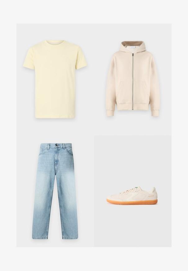 Beige hætte sweatshirt med fuld lynlås, to forlommer, ribbede manchetter og kant. Fremstillet af blødt, komfortabelt stof.; Lysegul bomulds t-shirt med korte ærmer og rund halsudskæring; har et lille hvidt logo på den øverste venstre bryst.; Lyseblå jeans med lige ben, som har en falmet finish, fem-lomme-design og synlige syninger langs sømmene. Fremstillet af bomuldsdenim.; Lys beige sportsko med overdel i ruskind, hvide detaljer og en orange gummisål. Har snørebåndsdesign og logo på siden.