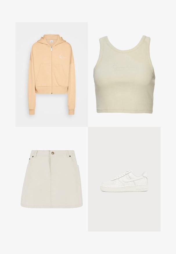 Karl Kani CHEST SIGNATURE ZIP HOODIE - Sweater met rits - light beige; Geknipte tanktop in zachte crème stof, met een geribbelde textuur en een subtiele geborduurde logo op de voorkant. Minimalistisch ontwerp.; Leren denim minirok in lichtbeige, met een hoge taille, twee voorzakken en bronzen knoopaccenten. Gladde textuur en eenvoudig ontwerp.; Witte lage sneaker met veters en subtiele reliëf bloemenpatronen op het bovenwerk, weergegeven tegen een effen achtergrond.