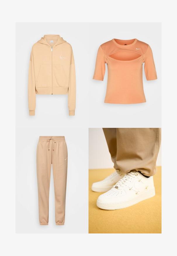 Karl Kani CHEST SIGNATURE ZIP HOODIE - Sudadera con cremallera - light beige; Nike Sportswear CUTOUT - Camiseta estampada - amber brown/sail; Pantalones sudados beige hechos de una suave mezcla de algodón, con una cintura elástica y cordón ajustable, y puños en los tobillos. Detalle de un pequeño logotipo.; Zapatillas de piel blanca con puntera perforada, acentos dorados y cordones planos, combinadas con pantalones beige sobre una superficie amarilla texturizada.