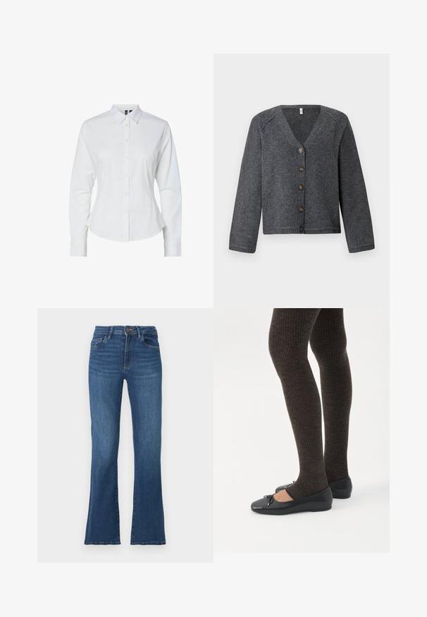 Grå strikket cardigan med V-udskæring, lange ærmer og seks brune knapper foran. Ribbet kant og manchetter, blød tekstur.; Hvid skjorte med lange ærmer, spids krave og tætsiddende design. Lavet af glat stof med en let glans.; Udsvingende blå denimjeans med høj talje, fem lommer og kontrastfarvet syning. Med knap- og lynlåslukning, let slidt tekstur.; Ben iført mørke ribbede leggings kombineret med sorte balletsko med små sløjfedetaljer på hvid baggrund.