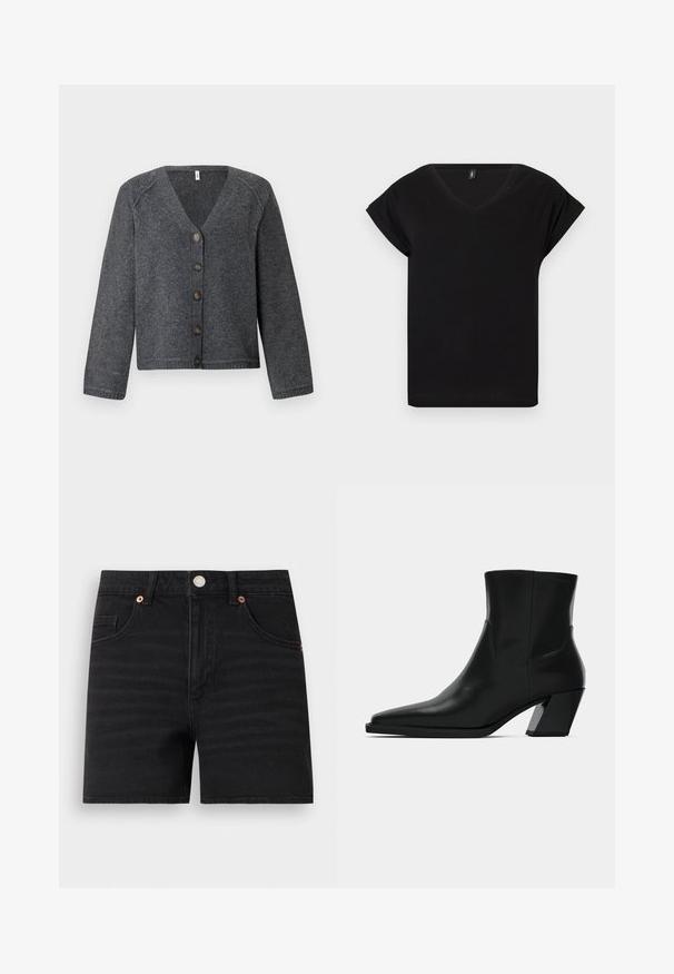 Jersey gris de punto con escote en V, mangas largas y seis botones marrones en la parte delantera. Puños y bajo acanalados, textura suave.; Camiseta negra de manga corta con escote en V, de corte relajado y una pequeña etiqueta en el interior del cuello, sobre un fondo blanco liso.; Pantalones cortos de denim negro con cierre de botones en la parte delantera, trabillas para cinturón, dos bolsillos delanteros y un pequeño bolsillo para monedas, mostrados planos sobre un fondo blanco.; Bota de tobillo de cuero negro con punta afilada, una silueta elegante y un tacón cuadrado grueso. Textura suave con detalles de costura mínimos.