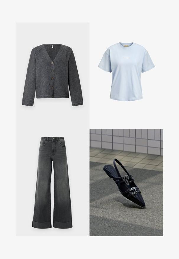 Un cardigan en tricot gris avec un col en V, des manches longues et six boutons marron sur le devant. Ourlets et poignets côtelés, texture douce.; T-shirt bleu clair à manches courtes avec col rond, arborant un petit texte blanc "TENNIS COURT" centré sur la poitrine.; Jeans larges noirs taille haute avec ourlets retroussés, bouton frontal et poches, présentés sur un fond clair uni.; Sandale plate noire à bout pointu avec plusieurs sangles à boucle et un talon arrière, positionnée au-dessus d'une surface pavée et d'un mur carrelé en arrière-plan.