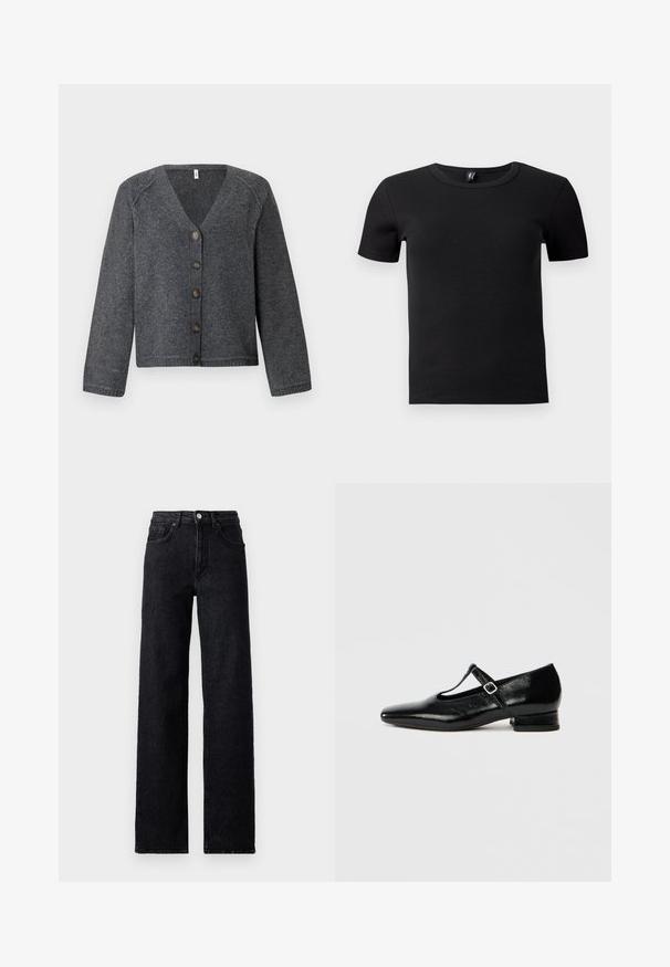 Grijze gebreide cardigan met een V-hals, lange mouwen en zes bruine knopen aan de voorkant. Geribde zoom en manchetten, zachte textuur.; Zwart T-shirt met korte mouwen, gemaakt van ribbelstof. Beschikt over een klassieke ronde halslijn en een getailleerde silhouette. Geen extra accenten.; Hoogtaille zwarte denim jeans met een knoop- en ritssluiting, voor- en achterzakken, en een rechte pasvorm.; Zwarte leren Mary Jane schoenen met een puntige neus, een kleine blokhak en een verstelbare riem met een zilveren gesp. Gladde, glanzende textuur.