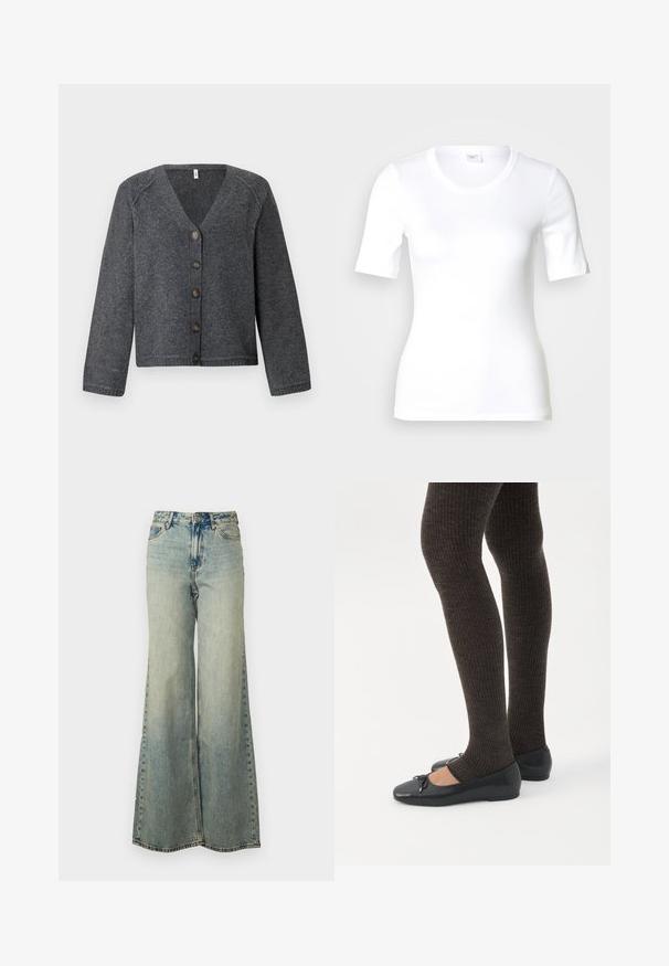 Grijze gebreide cardigan met een V-hals, lange mouwen en zes bruine knopen aan de voorkant. Geribde zoom en manchetten, zachte textuur.; Wit T-shirt met korte mouwen van glad katoen, met een ronde halslijn en een aangesloten pasvorm. Klassiek ontwerp, zonder patronen of accenten.; lichtblauwe wijde jeans van denim, met een hoge taille, vervaagde wassing en zijzakken met zichtbare stiksels.; Benen met donkere geribbelde leggings gecombineerd met zwarte ballerina's met kleine strikdetails op een witte achtergrond.