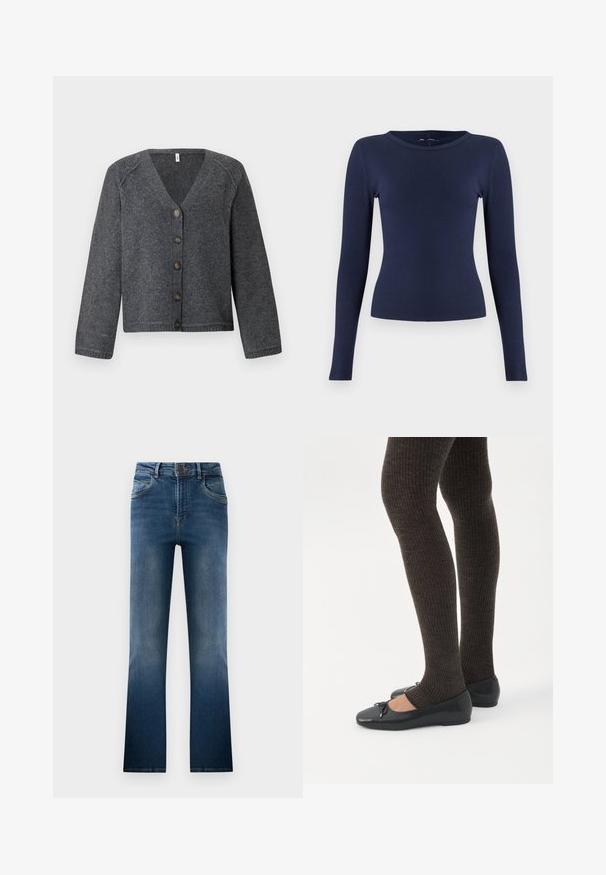 Grå strikket cardigan med V-udskæring, lange ærmer og seks brune knapper foran. Ribbet kant og manchetter, blød tekstur.; Marineblå langærmet ribstrikket top med rund halsudskæring. Lavet af et elastisk stof, har den en tætsiddende pasform og en glat tekstur.; Mørkeblå denim jeans med flare, der har en falmet vask, fem lommer og bæltestropper. Klassisk design med knaplukning foran.; Ben iført mørke ribbede leggings kombineret med sorte balletsko med små sløjfedetaljer på hvid baggrund.