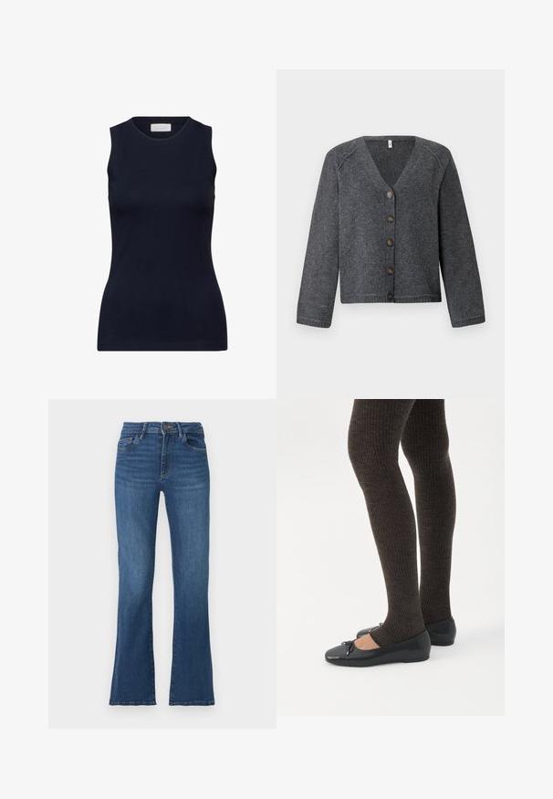 Grå strikket cardigan med V-udskæring, lange ærmer og seks brune knapper foran. Ribbet kant og manchetter, blød tekstur.; Marineblå ærmeløs top lavet af glat bomuld, med en rund halsudskæring og en tætsiddende pasform uden pynt. Afslappet og alsidig.; Udsvingende blå denimjeans med høj talje, fem lommer og kontrastfarvet syning. Med knap- og lynlåslukning, let slidt tekstur.; Ben iført mørke ribbede leggings kombineret med sorte balletsko med små sløjfedetaljer på hvid baggrund.