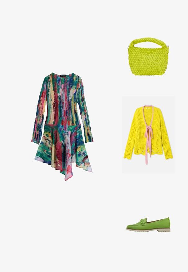 Gul chunky strikket cardigan med lange ærmer, pink bindebånd ved V-hals og bølget kantdetalje.; Farverig langærmet kjole med tekstureret strikket overdel og asymmetrisk kant. Har et livligt mønster med malingstænk i flere farver.; Grønne læder loafers med en fletaccent foran, flad hvid sål og glat overflade med et lavprofil design.; Vævet håndtaske lavet af klart limegrønt læder. Rundt topgreb og en enkelt knaplukning. Struktureret overflade med et kurv-lignende mønster.