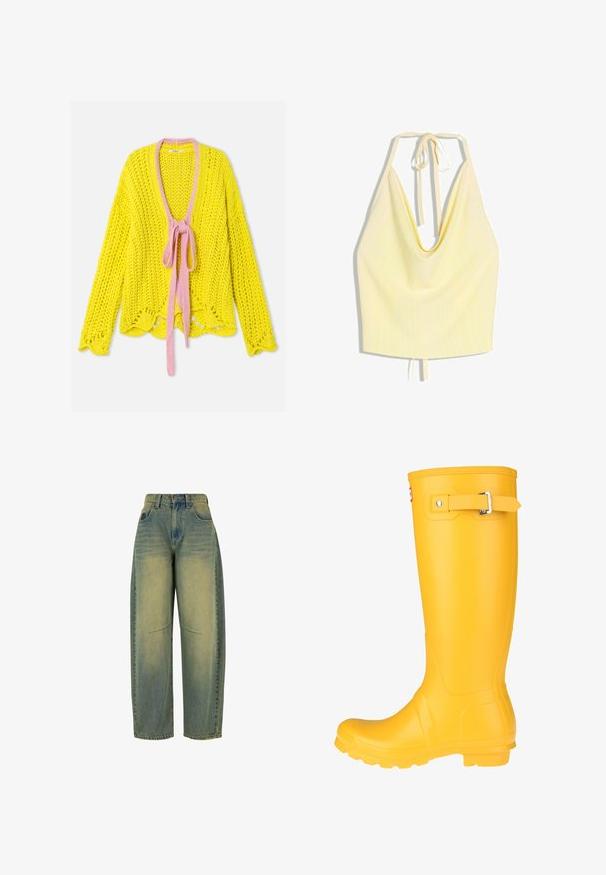 Gul chunky strikket cardigan med lange ærmer, pink bindebånd ved V-hals og bølget kantdetalje.; Lysegul haltertop med dyb rund halsudskæring og tynde stropper, der bindes bag nakken.; Bredde ben denim jeans i lys blå med bleget struktur. Har fem lommer og høj talje. Ren kant og subtile syningsdetaljer.; Gul gummistøvle med en glat overflade, justerbar spænde, og tekstureret sål for bedre greb. Høj design, rund tå, og sømløs krop.