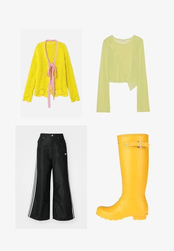 Gul chunky strikket cardigan med lange ærmer, pink bindebånd ved V-hals og bølget kantdetalje.; Limegrøn langærmet crop top med rund halsudskæring og asymmetrisk kant. Letvægts, ribbet struktur med dekorative syninger.; Sorte vide denim bukser med tre hvide striber på hver side og et lille hvidt logo. Indeholder forlommer og en knaplukning.; Gul gummistøvle med en glat overflade, justerbar spænde, og tekstureret sål for bedre greb. Høj design, rund tå, og sømløs krop.