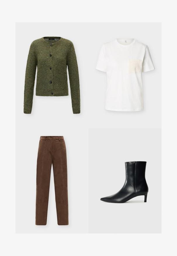 Groene wollen lange mouw cardigan met ronde hals en vijf zwarte knopen aan de voorkant.; Witte T-shirt met korte mouwen, een ronde hals en een textuurvolle crèmekleurige kanten zak op de linkerborst.; Bruine broek met hoge taille en rechte pijpen, riemlussen, een knoop aan de voorkant en zichtbare verticale naaddetails op een effen achtergrond.; Zwarte leren enkelboot met een spitse neus, taps toelopend silhouet en een lage, ronde hak. Gladde textuur met minimale details.
