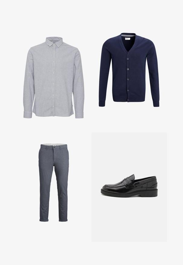 Cardigan bleu marine en tissu tricoté doux, avec un col en V, une fermeture à six boutons et des poignets et un ourlet côtelés.; Chemise à rayures bleu et blanc. Dotée d'un col, de manches longues et d'un ourlet droit. Fabriquée en tissu léger avec une texture lisse.; Pantalons pour hommes ajustés en motif chevron bleu foncé, avec fermeture à bouton, design épuré et ourlets retournés. Réalisés en tissu léger.; Mocassins en cuir noir avec une finition lisse, un bout rond, un petit talon et descoutures décoratives à l'avant. Semelle en caoutchouc pour l'adhérence.