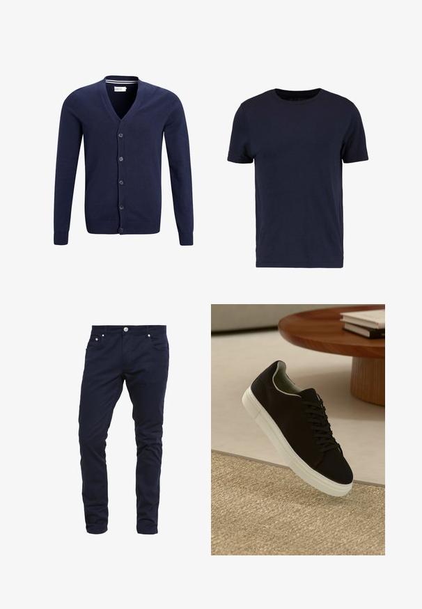 Marineblauwe cardigan van zacht breigaren, met een v-hals, zes knopen sluiting en ribbels aan de mouwen en onderkant.; Pier One T-shirt basic - dark blue; Navy blauwe slim-fit broek van een katoenmix, met een knoopsluiting, vijf zakken en subtiele stiksel details.; Zwarte sneaker met witte zool die boven een beige gestructureerd tapijt zweeft, nabij een ronde houten tafel met gestapelde boeken.