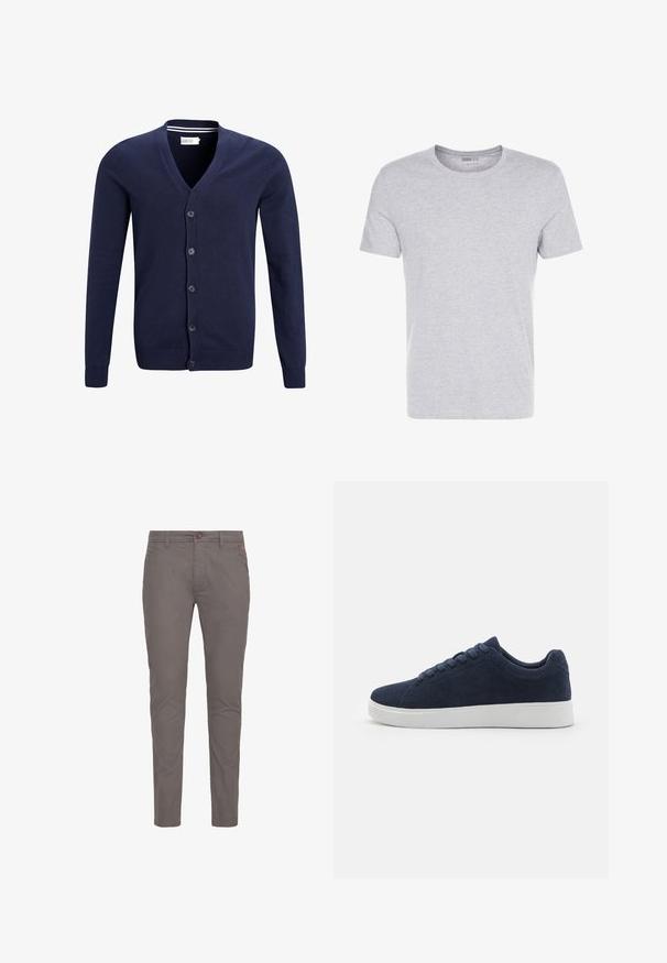 Marineblå cardigan lavet af blødt strikket stof, med v-hals, seks knaplukninger samt ribbet manchet og kant.; Grå bomulds T-shirt med rund hals, korte ærmer og et enkelt design, som har en blød, glat tekstur uden synlige mønstre eller udsmykninger.; Grå bomulds chinos med lige pasform, der har knaplukning, standardlommer og minimalistisk design. Glat tekstur og ingen mønstre.; Mørkeblå ruskinds sneakers med rund tå, hvid gummisål og seks snørehuller. Glat tekstur og minimalistisk design. Vist fra siden.