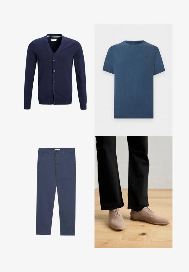 Cardigan bleu marine en tissu tricoté doux, avec un col en V, une fermeture à six boutons et des poignets et un ourlet côtelés.; T-shirt bleu marine à manches courtes avec col rond et logo discret sur la poitrine gauche, design simple, présenté sur fond blanc.; Chinos en coton bleu marine avec une coupe droite, deux poches avant et des détails de couture subtils, dotés d'une taille avec fermeture à bouton.; Chaussures en daim marron clair avec une texture lisse, un bout rond et un design à lacets, associées à un pantalon noir à jambes droites sur un sol en bois.