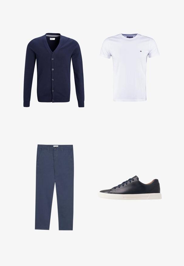 Cardigan bleu marine en tissu tricoté doux, avec un col en V, une fermeture à six boutons et des poignets et un ourlet côtelés.; Tommy Hilfiger NEW STRETCH TEE C-NECK - T-shirt basique - classic white; Chinos en coton bleu marine avec une coupe droite, deux poches avant et des détails de couture subtils, dotés d'une taille avec fermeture à bouton.; Baskets en cuir bleu marine avec une finition lisse, semelle en caoutchouc blanc plat, bout arrondi et six lacets bleu marine passés à travers des œillets ronds.