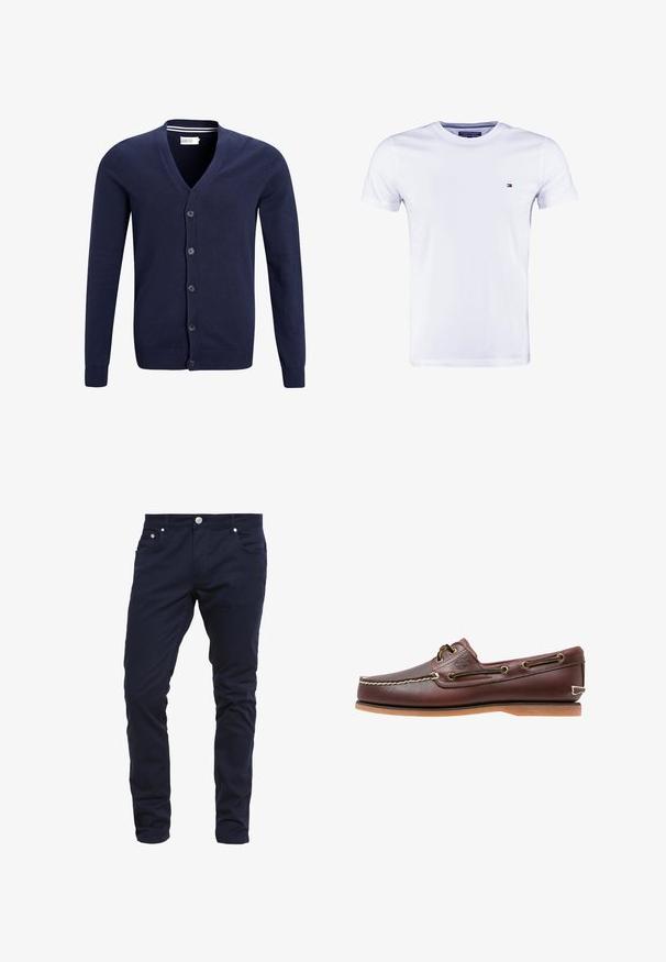 Cardigan bleu marine en tissu tricoté doux, avec un col en V, une fermeture à six boutons et des poignets et un ourlet côtelés.; Tommy Hilfiger NEW STRETCH TEE C-NECK - T-shirt basique - classic white; Pantalons slim-fit bleu marine en tissu mélangé coton, dotés d'une fermeture à bouton, de cinq poches et de détails de couture subtils.; Chaussure bateau en cuir marron avec coutures blanches, détails de lacets et semelle en caoutchouc beige, vue de côté sur fond blanc.