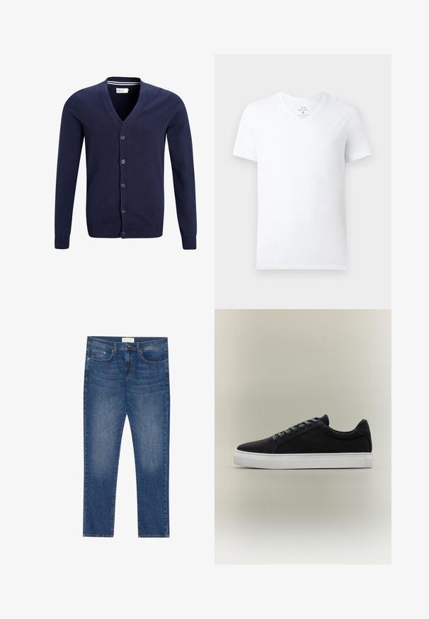 Marineblauer Cardigan aus weichem Strickstoff, mit V-Ausschnitt, sechs Knopfverschluss und gerippten Bündchen und Saum.; Weißes Baumwoll-T-Shirt mit kurzen Ärmeln und V-Ausschnitt, mit Armani Exchange Etikett im Kragen, auf einem schlichten Hintergrund präsentiert.; Herren Jeans aus blauem Denim mit geradem Schnitt, fünf Taschen, leichtem Verwaschungsdetail sowie einem standardmäßigen Knopf- und Reißverschluss.; Schwarzer Low-Top-Sneaker mit weißer Gummisohle, Schnürdesign und gepolstertem Kragen, dargestellt auf neutral grauem Hintergrund.