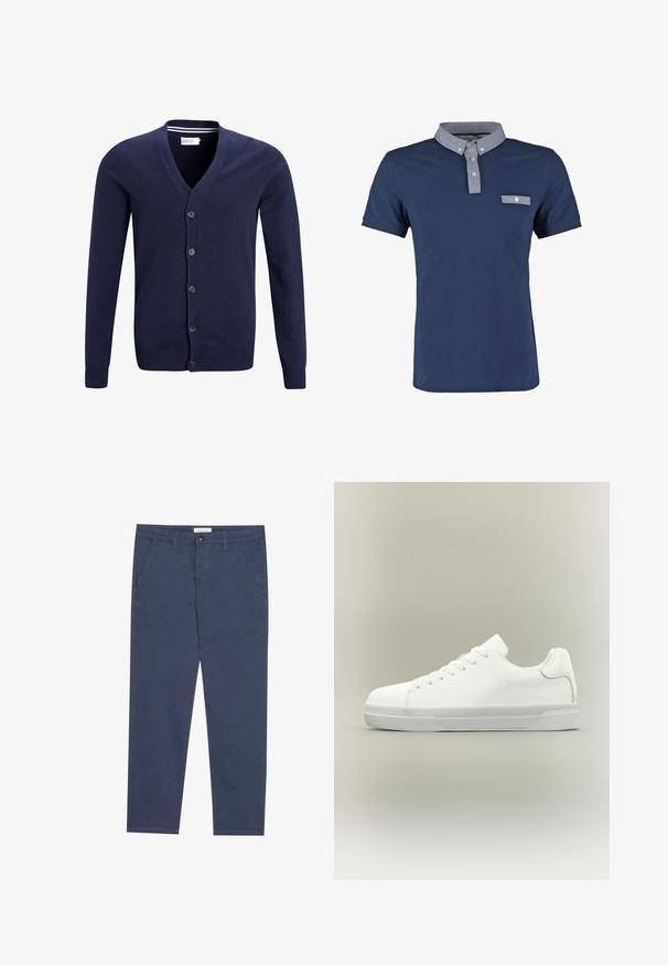 Cárdigan azul marino hecho de suave tejido de punto, con escote en V, cierre de seis botones y puños y dobladillo acanalados.; Polo shirt navy de algodón, con un cuello chambray en contraste, un pequeño bolsillo en el pecho y mangas cortas. Ajuste clásico y textura suave.; Chinos de algodón azul marino con corte recto, dos bolsillos frontales y un sutil detalle de costura, que cuentan con una cinturilla con cierre de botón.; Zapatilla blanca de corte bajo con cierre de cordones, cuello acolchado y suela de goma texturizada, mostrada de perfil sobre un fondo neutro.