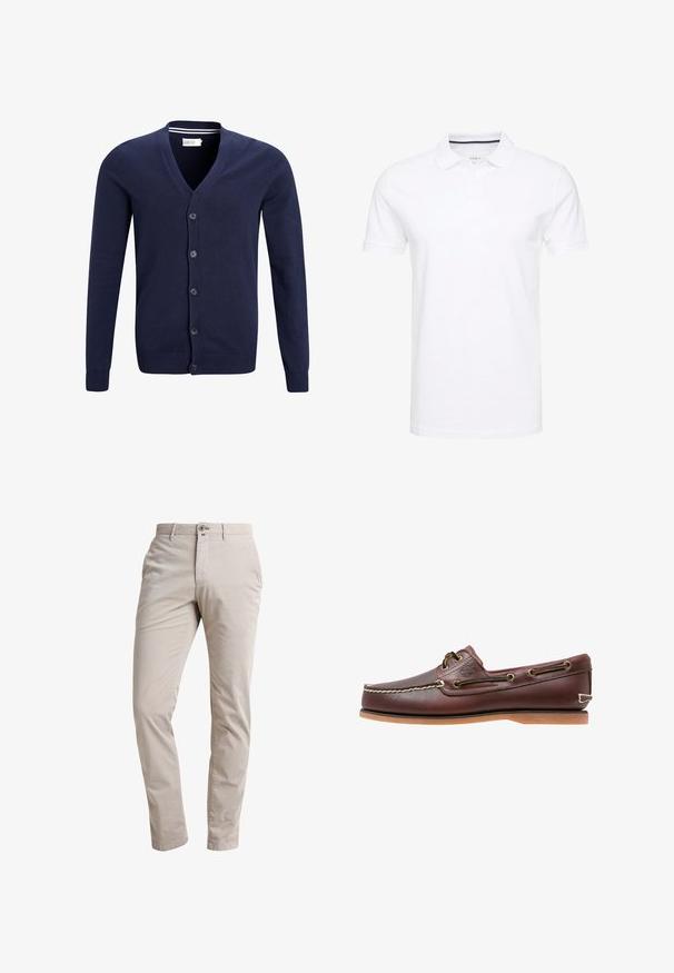 Cardigan bleu marine en tissu tricoté doux, avec un col en V, une fermeture à six boutons et des poignets et un ourlet côtelés.; Polo shirt blanc en coton, avec un col traditionnel, des manches courtes et une patte de boutonnage à trois boutons, avec des accents navy discrets à l'intérieur.; Pantalons beige clair en tissu mélange de coton. Design à coupe droite avec fermeture à bouton à l'avant et poches latérales. Texture lisse.; Chaussure bateau en cuir marron avec coutures blanches, détails de lacets et semelle en caoutchouc beige, vue de côté sur fond blanc.