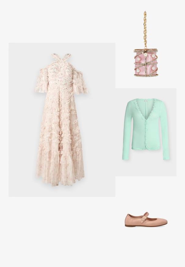 Lysegrøn ribbet cardigan med lange ærmer, scallopkantet blonder trim langs halsudskæringen, knaplukning og kant.; Lys pink kjole med bølgede lag, off-the-shoulder ærmer og krydsede stropper på ryggen. Gennemsigtigt stof med blomsterprint detaljer.; Lyserøde læderballetsko med rund tå og en enkelt justerbar spændeoverdel henover buen. Flad gummisål. Glat tekstur.; Lyserød satin cylindrisk håndtaske pyntet med rhinstenspiraler og perler, med en guldkæde strop og rhinstenbesat topkant.