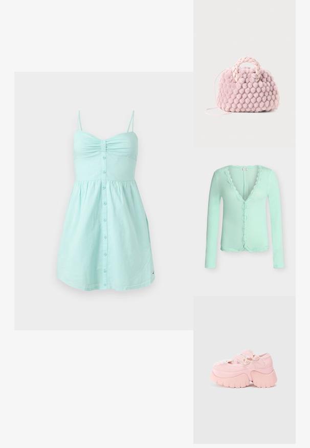 Cardigan long à manches longues en vert clair avec bordure en dentelle festonnée le long du col, fermeture par boutons et ourlet.; Robe bleu clair sans manches avec fines bretelles, poitrine froncée et détail boutonné sur le devant, longueur au genou avec jupe évasée en A.; Bottines chunky à plateforme rose avec des boucles en forme de cœur double, un bord en dentelle et une semelle épaisse sculptée sur un fond blanc uni.; Sac à main en pompon rose texturé avec une poignée tressée et une fine sangle. Forme ronde, surface douce, design compact.