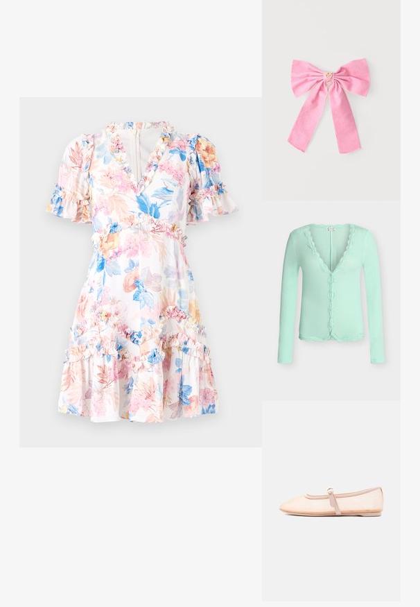 Lichtgroene, geribbelde cardigan met lange mouwen, met geschulpte kanten rand langs de halslijn, knoopsluiting en zoom.; Bloemige jurk met een witte basis, voorzien van roze, blauwe en gele bloemen. Rimpelaccenten bij de mouwen en zoom, v-hals, en een getailleerde taille.; Licht beige platte schoen met een puntige neus en een enkele gesp aan de zijkant, weergegeven op een effen witte achtergrond.; Roze stoffen strik met twee lange staarten en een klein gouden kroonbedeltje in het midden, afgebeeld op een effen lichte achtergrond.